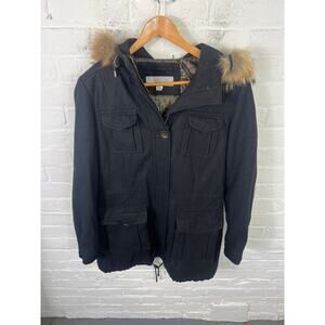 Marc New York Women's Black Hooded Utility Jacket Fur Trim Size 10